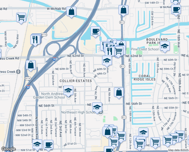 map of restaurants, bars, coffee shops, grocery stores, and more near 680 Northeast 59th Court in Fort Lauderdale