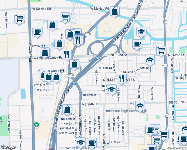 map of restaurants, bars, coffee shops, grocery stores, and more near 5940 Northeast 1st Terrace in Fort Lauderdale