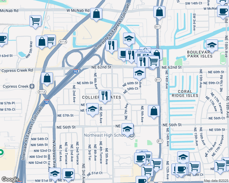 map of restaurants, bars, coffee shops, grocery stores, and more near 601 Northeast 59th Street in Fort Lauderdale