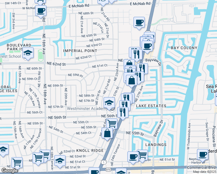 map of restaurants, bars, coffee shops, grocery stores, and more near 5870 Northeast 21st Road in Fort Lauderdale