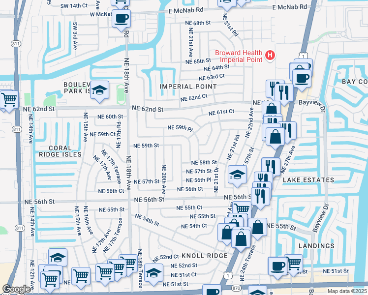 map of restaurants, bars, coffee shops, grocery stores, and more near 5850 Northeast 21st Avenue in Fort Lauderdale