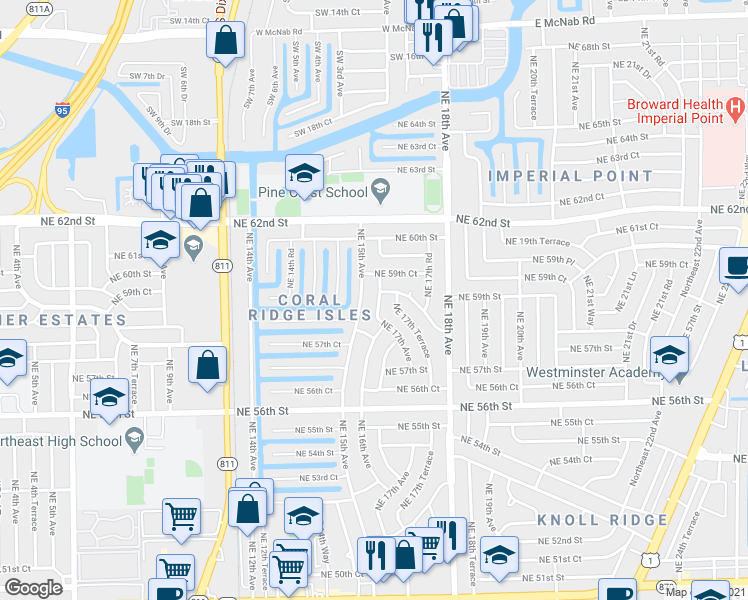 map of restaurants, bars, coffee shops, grocery stores, and more near 5791 Northeast 17th Avenue in Fort Lauderdale