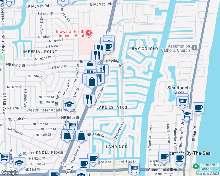 map of restaurants, bars, coffee shops, grocery stores, and more near 2741 Northeast 58th Street in Fort Lauderdale