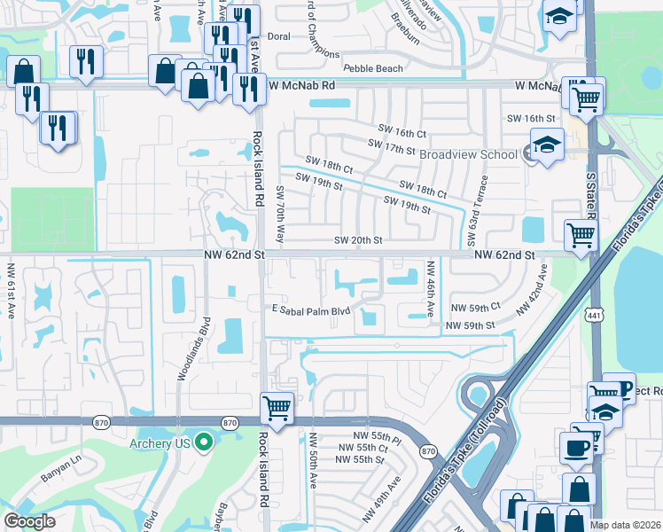 map of restaurants, bars, coffee shops, grocery stores, and more near 6090 North Sabal Palm Boulevard in Tamarac