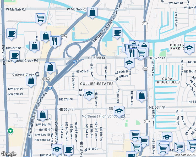 map of restaurants, bars, coffee shops, grocery stores, and more near 531 Northeast 59th Street in Fort Lauderdale