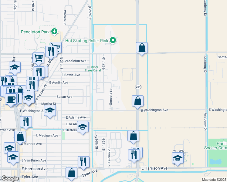 map of restaurants, bars, coffee shops, grocery stores, and more near 754 Sonesta Drive in Harlingen