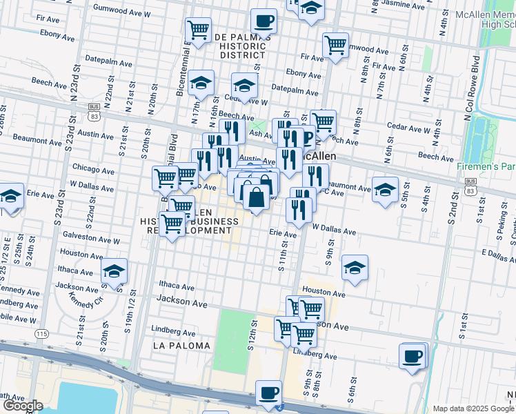 map of restaurants, bars, coffee shops, grocery stores, and more near 317 South Broadway Street in McAllen