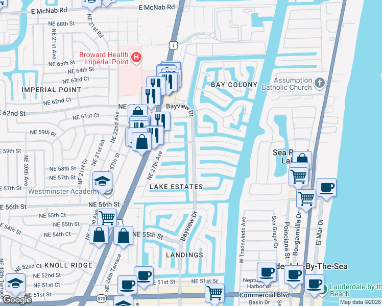 map of restaurants, bars, coffee shops, grocery stores, and more near 5811 Bayview Drive in Fort Lauderdale