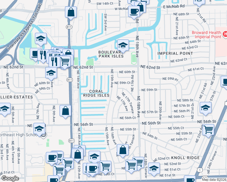 map of restaurants, bars, coffee shops, grocery stores, and more near 5767 Northeast 15th Avenue in Fort Lauderdale