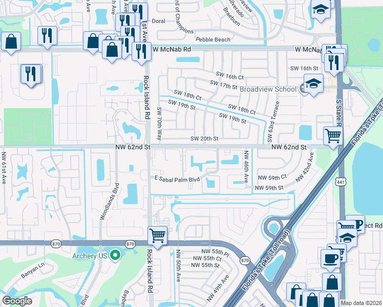 map of restaurants, bars, coffee shops, grocery stores, and more near 6090 North Sabal Palm Boulevard in Tamarac
