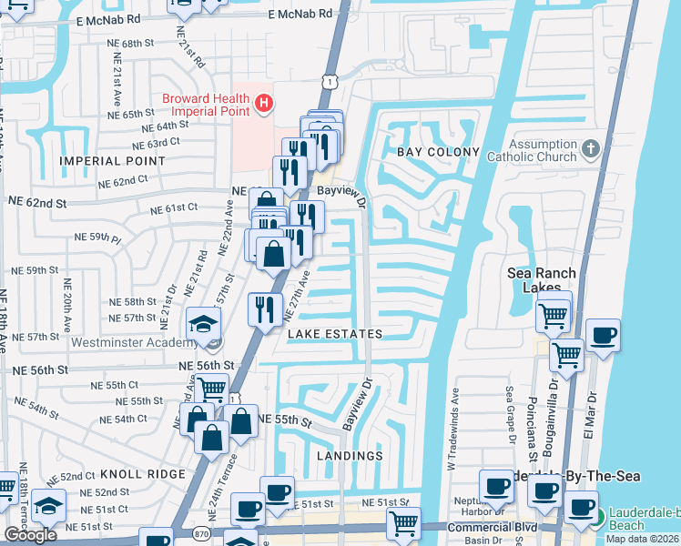 map of restaurants, bars, coffee shops, grocery stores, and more near 2741 Northeast 58th Street in Fort Lauderdale