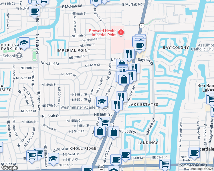 map of restaurants, bars, coffee shops, grocery stores, and more near 5850 Northeast 22nd Terrace in Fort Lauderdale