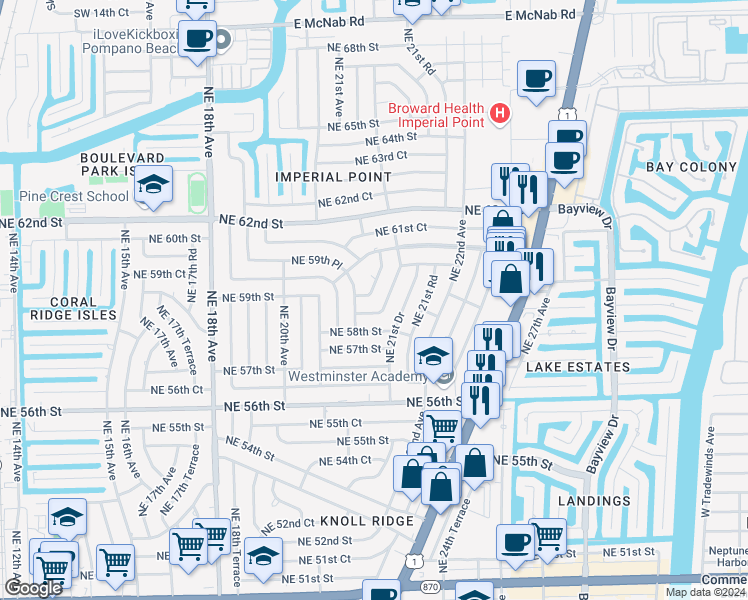 map of restaurants, bars, coffee shops, grocery stores, and more near 2120 Northeast 59th Street in Fort Lauderdale
