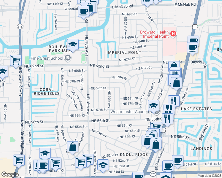map of restaurants, bars, coffee shops, grocery stores, and more near 5850 Northeast 20th Avenue in Fort Lauderdale