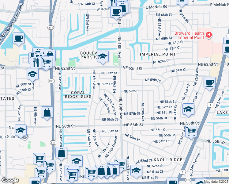 map of restaurants, bars, coffee shops, grocery stores, and more near 5851 Northeast 17th Road in Fort Lauderdale