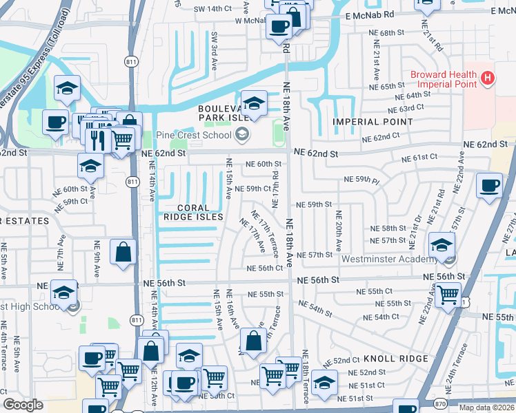map of restaurants, bars, coffee shops, grocery stores, and more near 5779 Northeast 17th Terrace in Fort Lauderdale