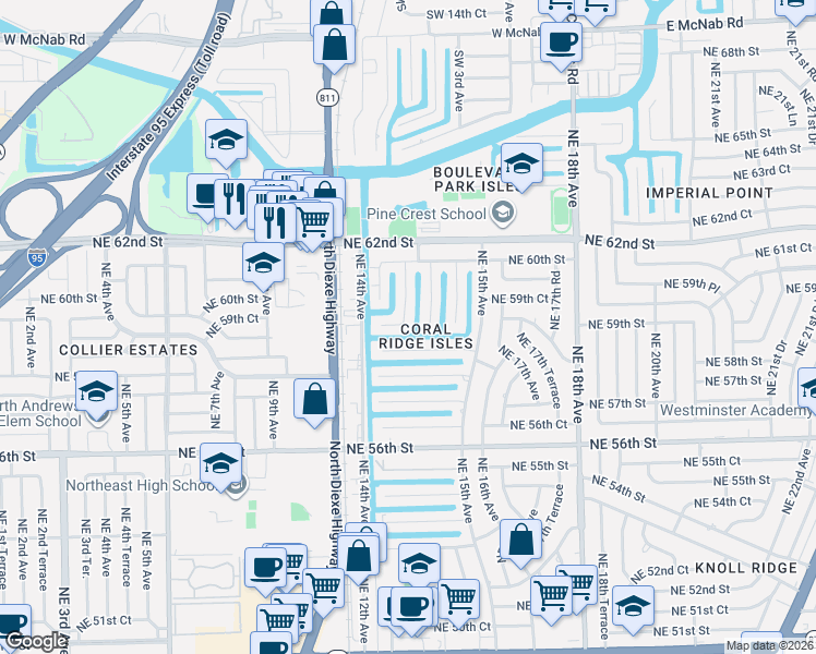 map of restaurants, bars, coffee shops, grocery stores, and more near 5840 Northeast 14th Road in Fort Lauderdale
