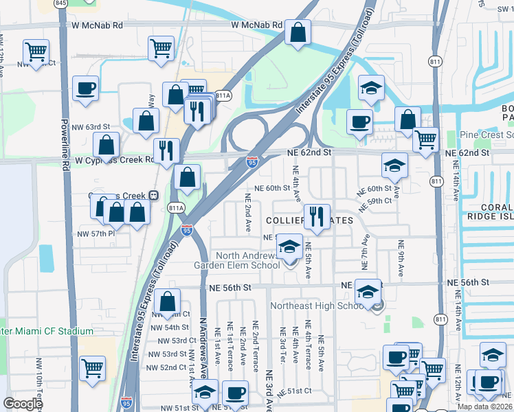 map of restaurants, bars, coffee shops, grocery stores, and more near 5930 Northeast 2nd Terrace in Fort Lauderdale