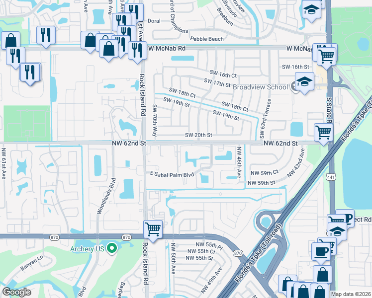 map of restaurants, bars, coffee shops, grocery stores, and more near 6090 North Sabal Palm Boulevard in Tamarac