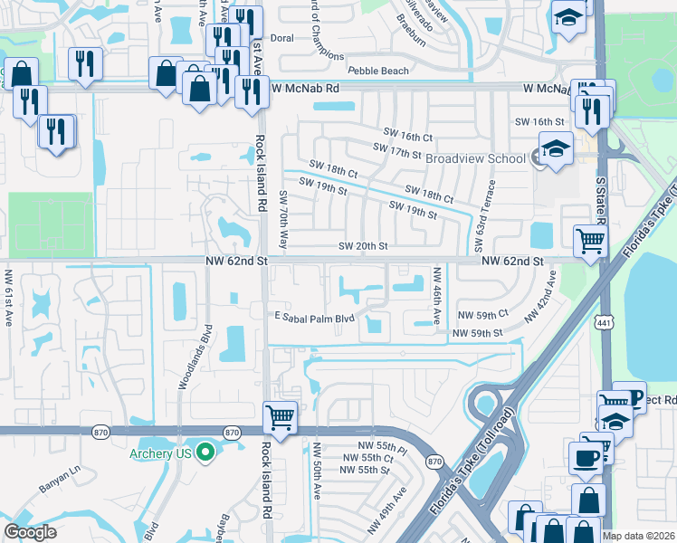 map of restaurants, bars, coffee shops, grocery stores, and more near 6090 North Sabal Palm Boulevard in Tamarac