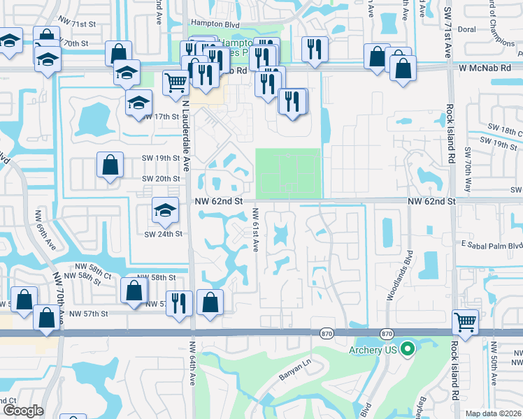 map of restaurants, bars, coffee shops, grocery stores, and more near 6099 Buckeye Court in Tamarac
