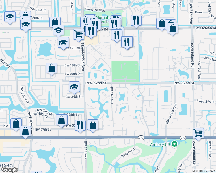 map of restaurants, bars, coffee shops, grocery stores, and more near 6099 Buckeye Court in Tamarac