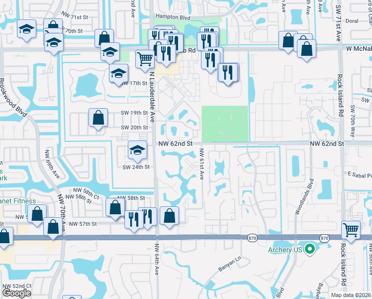 map of restaurants, bars, coffee shops, grocery stores, and more near 6200 Northwest 62nd Street in Tamarac