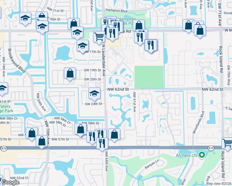 map of restaurants, bars, coffee shops, grocery stores, and more near 6300 Northwest 62nd Street in Fort Lauderdale