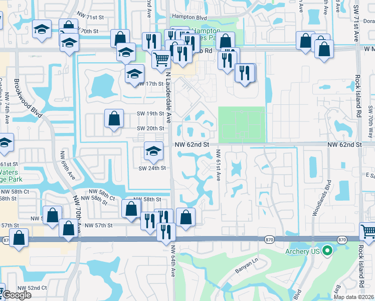 map of restaurants, bars, coffee shops, grocery stores, and more near 6300 Northwest 62nd Street in Fort Lauderdale