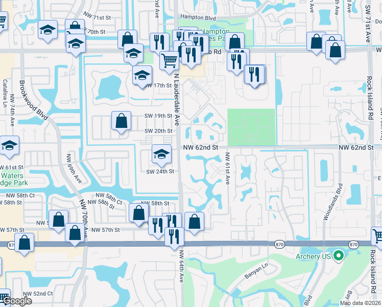 map of restaurants, bars, coffee shops, grocery stores, and more near 6300 Northwest 62nd Street in Fort Lauderdale