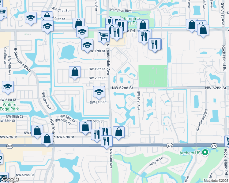 map of restaurants, bars, coffee shops, grocery stores, and more near 6300 Northwest 62nd Street in Fort Lauderdale
