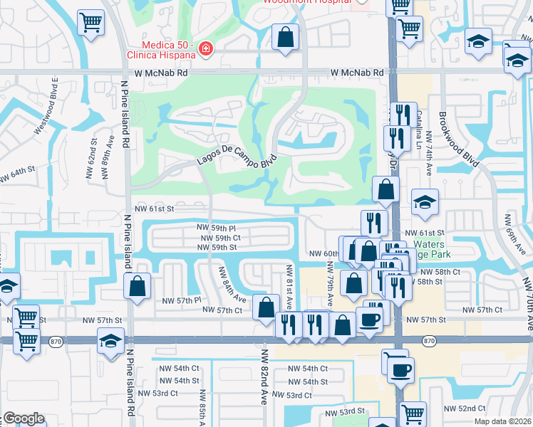 map of restaurants, bars, coffee shops, grocery stores, and more near 8205 Northwest 61st Street in Tamarac