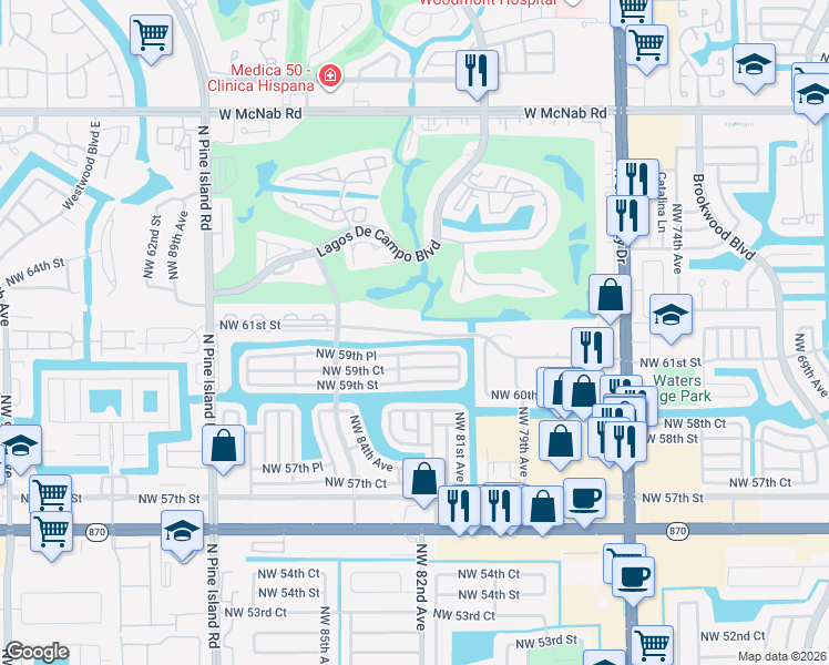 map of restaurants, bars, coffee shops, grocery stores, and more near 8205 Northwest 61st Street in Tamarac