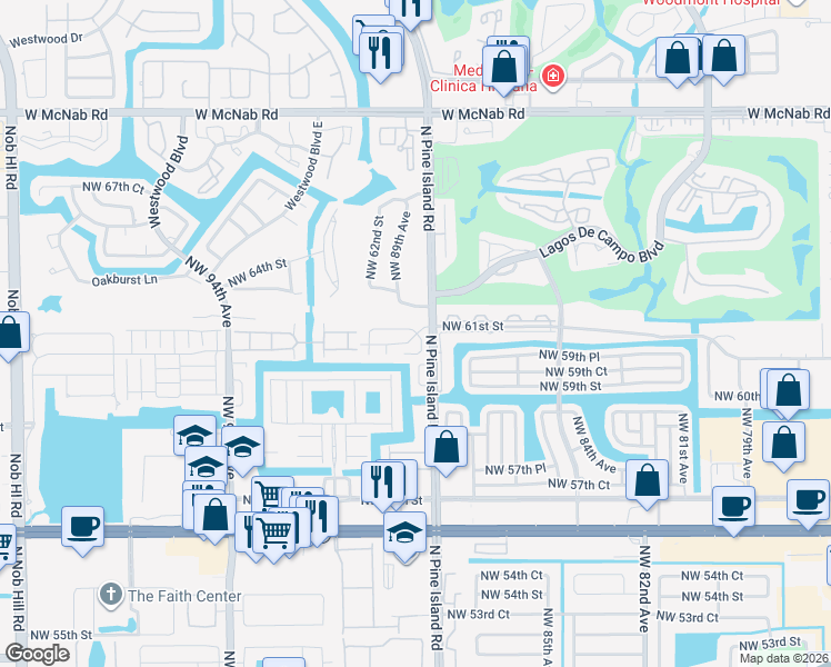 map of restaurants, bars, coffee shops, grocery stores, and more near 8806 Northwest Paradise Court in Tamarac