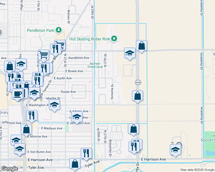map of restaurants, bars, coffee shops, grocery stores, and more near 801 North 27th Street in Harlingen