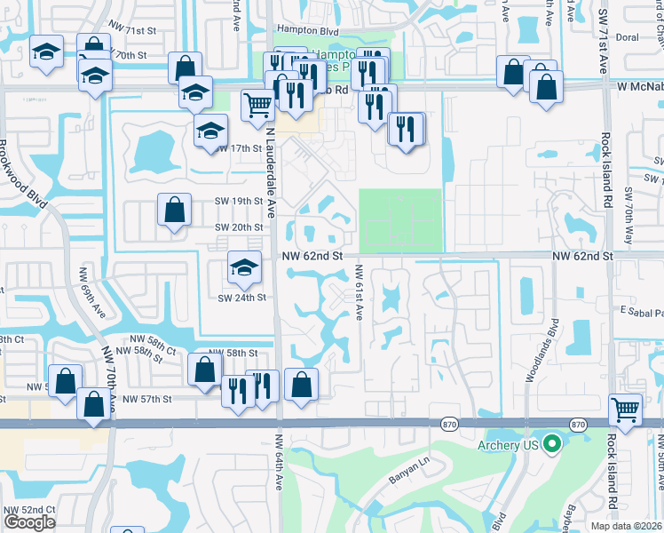 map of restaurants, bars, coffee shops, grocery stores, and more near 6200 Northwest 62nd Street in Tamarac