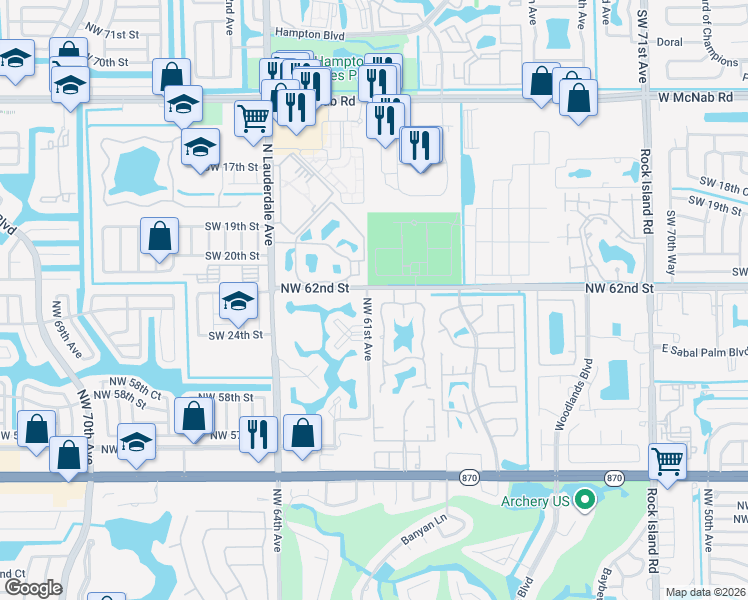 map of restaurants, bars, coffee shops, grocery stores, and more near 6099 Buckeye Court in Tamarac