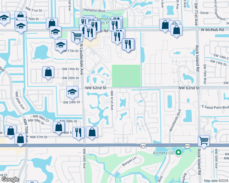 map of restaurants, bars, coffee shops, grocery stores, and more near 6099 Buckeye Court in Tamarac