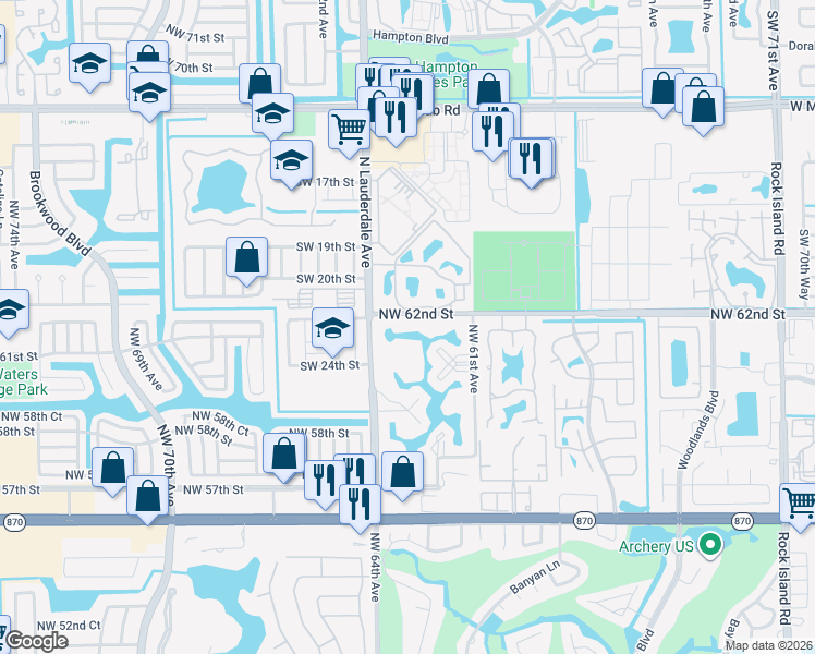 map of restaurants, bars, coffee shops, grocery stores, and more near 6300 Northwest 62nd Street in Fort Lauderdale