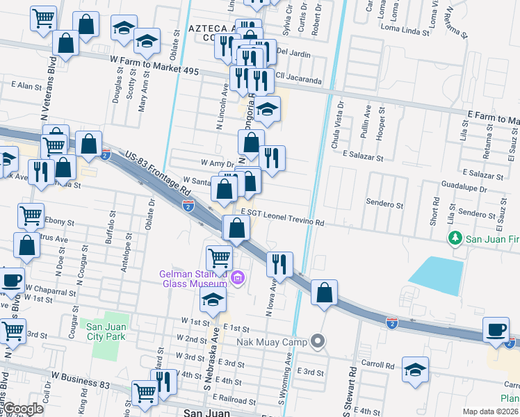 map of restaurants, bars, coffee shops, grocery stores, and more near 103 East Segment Leonel Trevino Road in San Juan