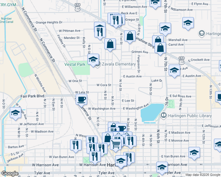 map of restaurants, bars, coffee shops, grocery stores, and more near 808 North A Street in Harlingen