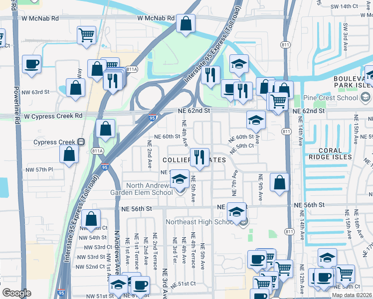 map of restaurants, bars, coffee shops, grocery stores, and more near 341 Northeast 59th Street in Fort Lauderdale