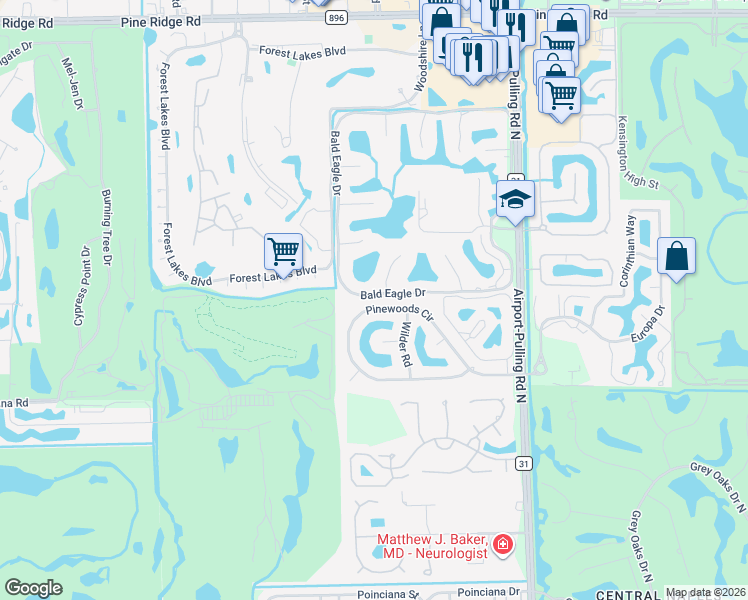 map of restaurants, bars, coffee shops, grocery stores, and more near 2371 Pinewoods Circle in Naples