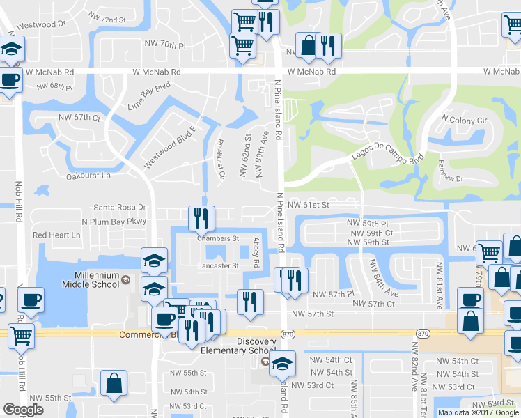 map of restaurants, bars, coffee shops, grocery stores, and more near 8806 Northwest Paradise Court in Tamarac
