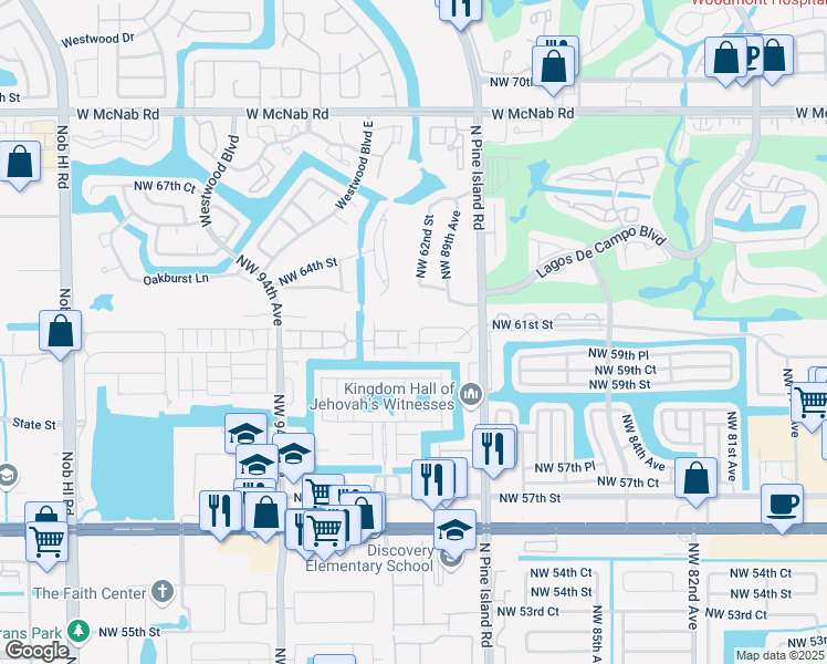 map of restaurants, bars, coffee shops, grocery stores, and more near 6015 Northwest 89th Avenue in Tamarac