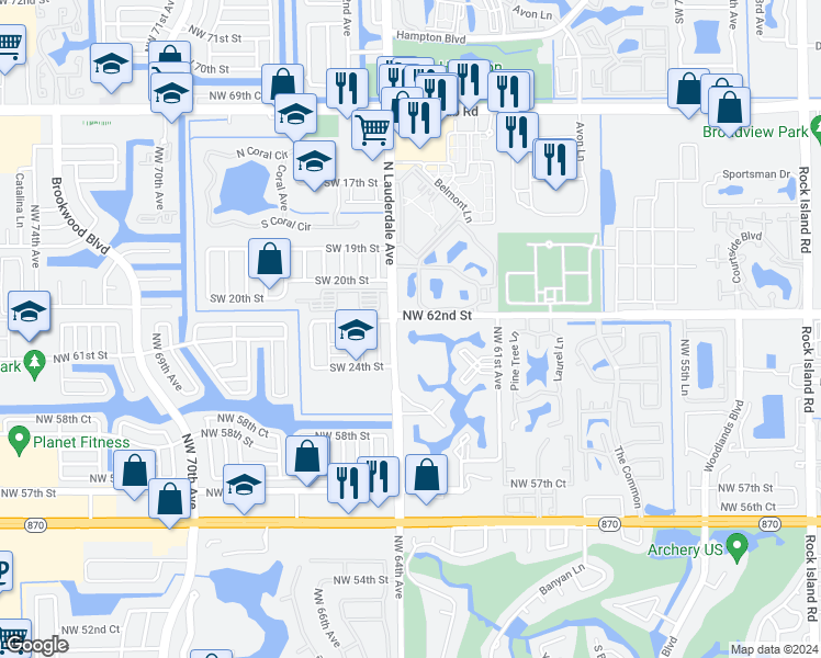 map of restaurants, bars, coffee shops, grocery stores, and more near 6300 Northwest 62nd Street in Fort Lauderdale