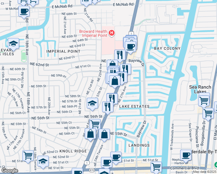 map of restaurants, bars, coffee shops, grocery stores, and more near 5840 Northeast 22nd Way in Fort Lauderdale