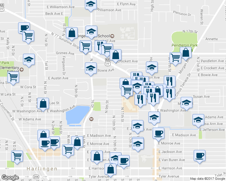 map of restaurants, bars, coffee shops, grocery stores, and more near 915 East Jim Hogg Avenue in Harlingen