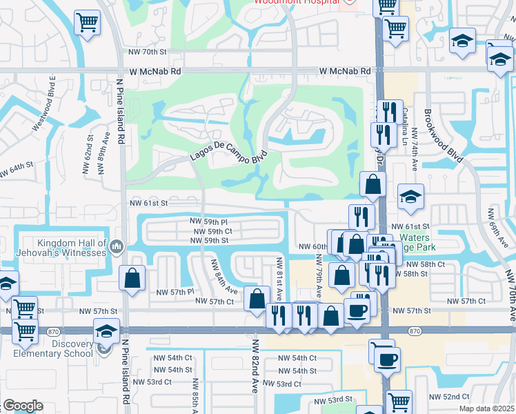 map of restaurants, bars, coffee shops, grocery stores, and more near 8205 Northwest 61st Street in Tamarac