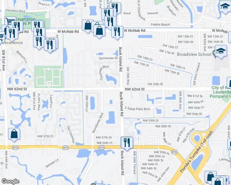 map of restaurants, bars, coffee shops, grocery stores, and more near 6195 Rock Island Road in Tamarac